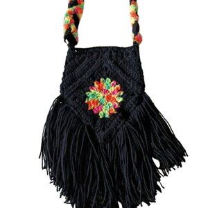 Black Crochet Crossbody Bag Handmade Fringe